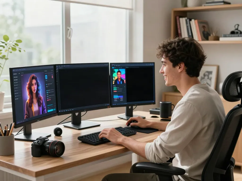 Engaging user on CrushOn AI in a tech-savvy home office setting with vibrant avatars on screen.