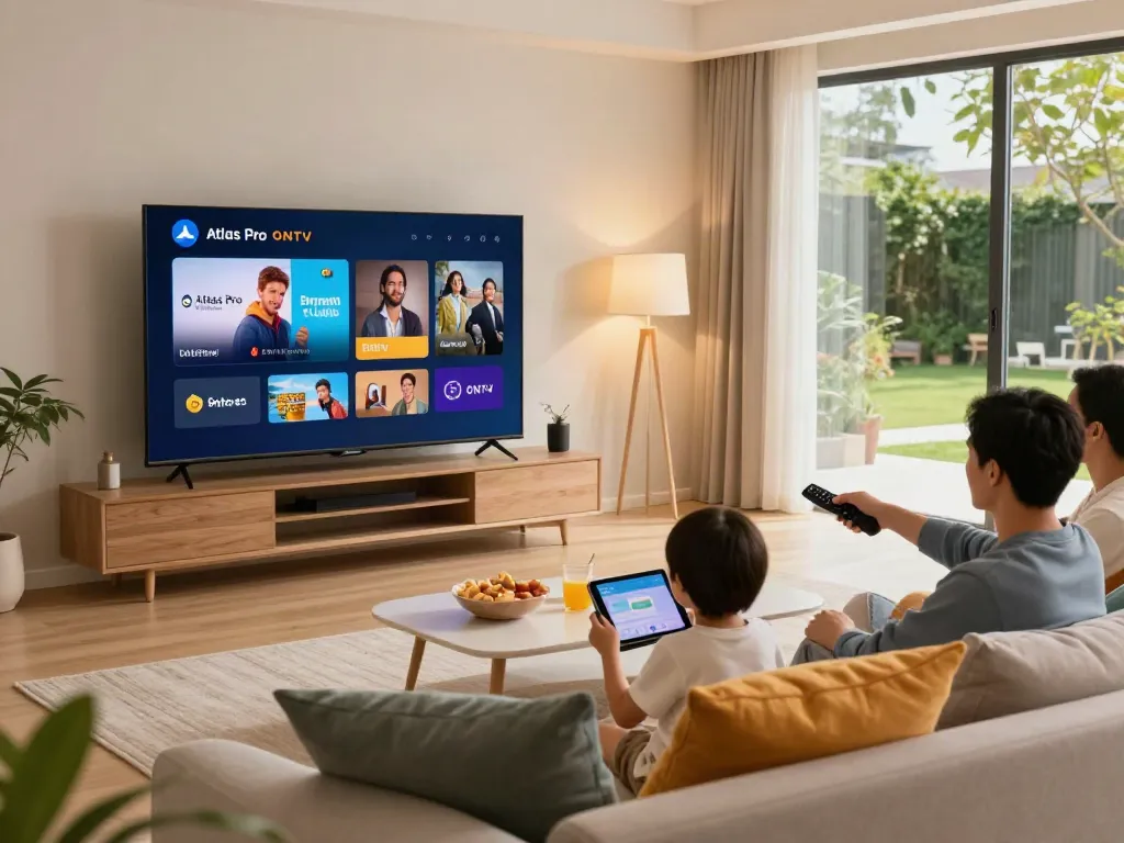 Famille profitant de l'application Atlas Pro ONTV dans un salon moderne.